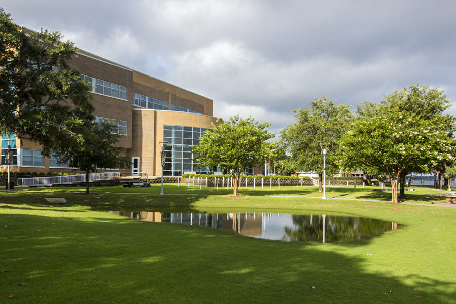 North side of Holley Academic Center with a view of the north bay and stormy clouds